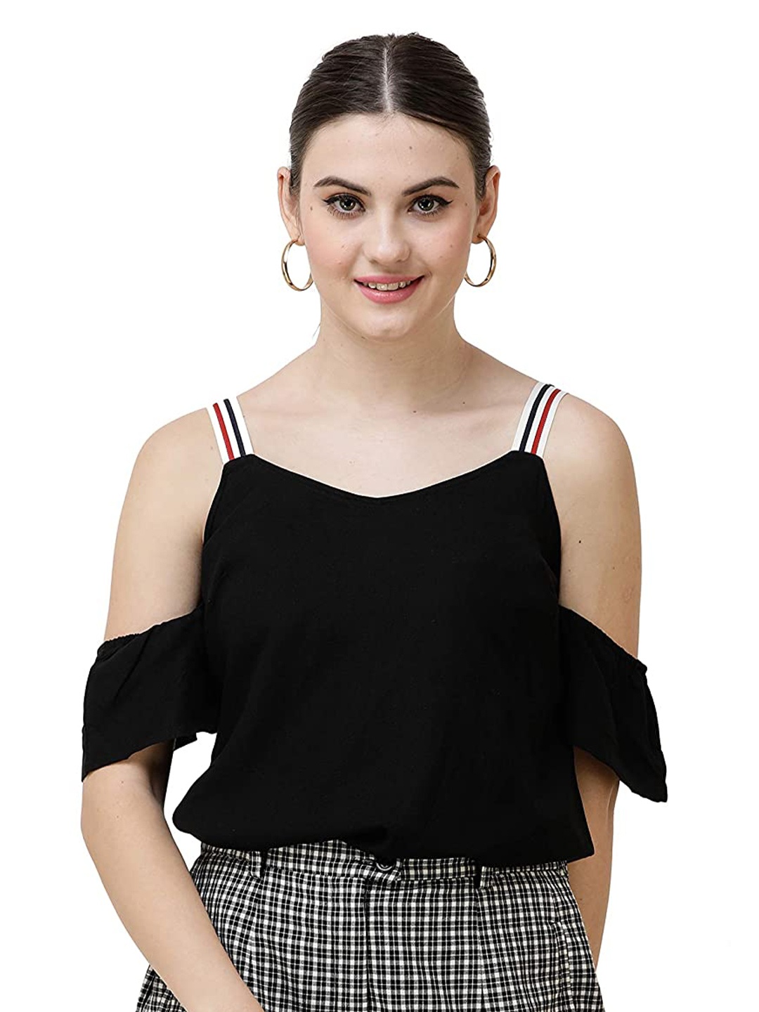 

DECHEN Women Black Solid Cold-Shoulder Sleeves Top