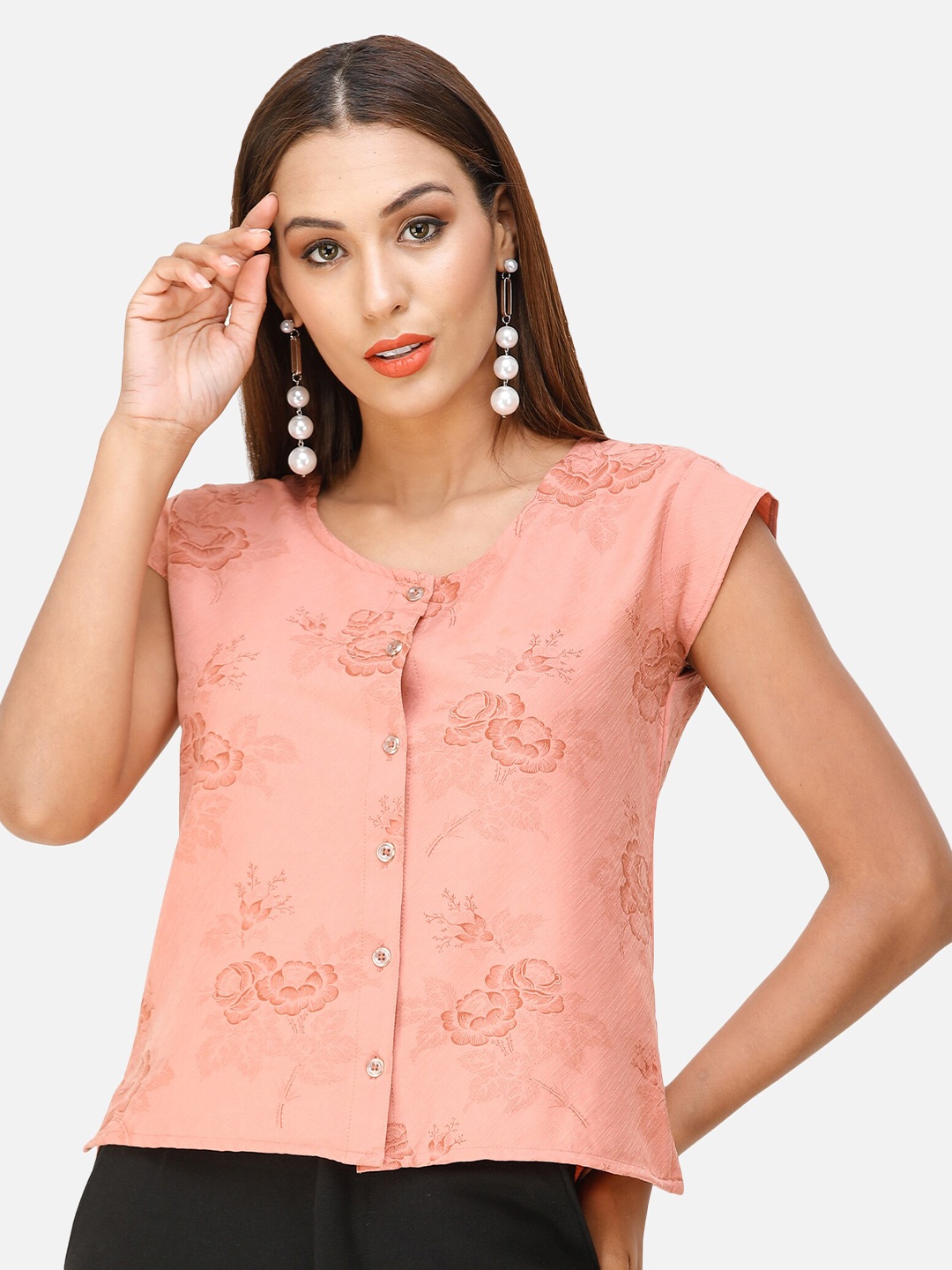 

DECHEN Women Peach-Coloured Floral Printed Top