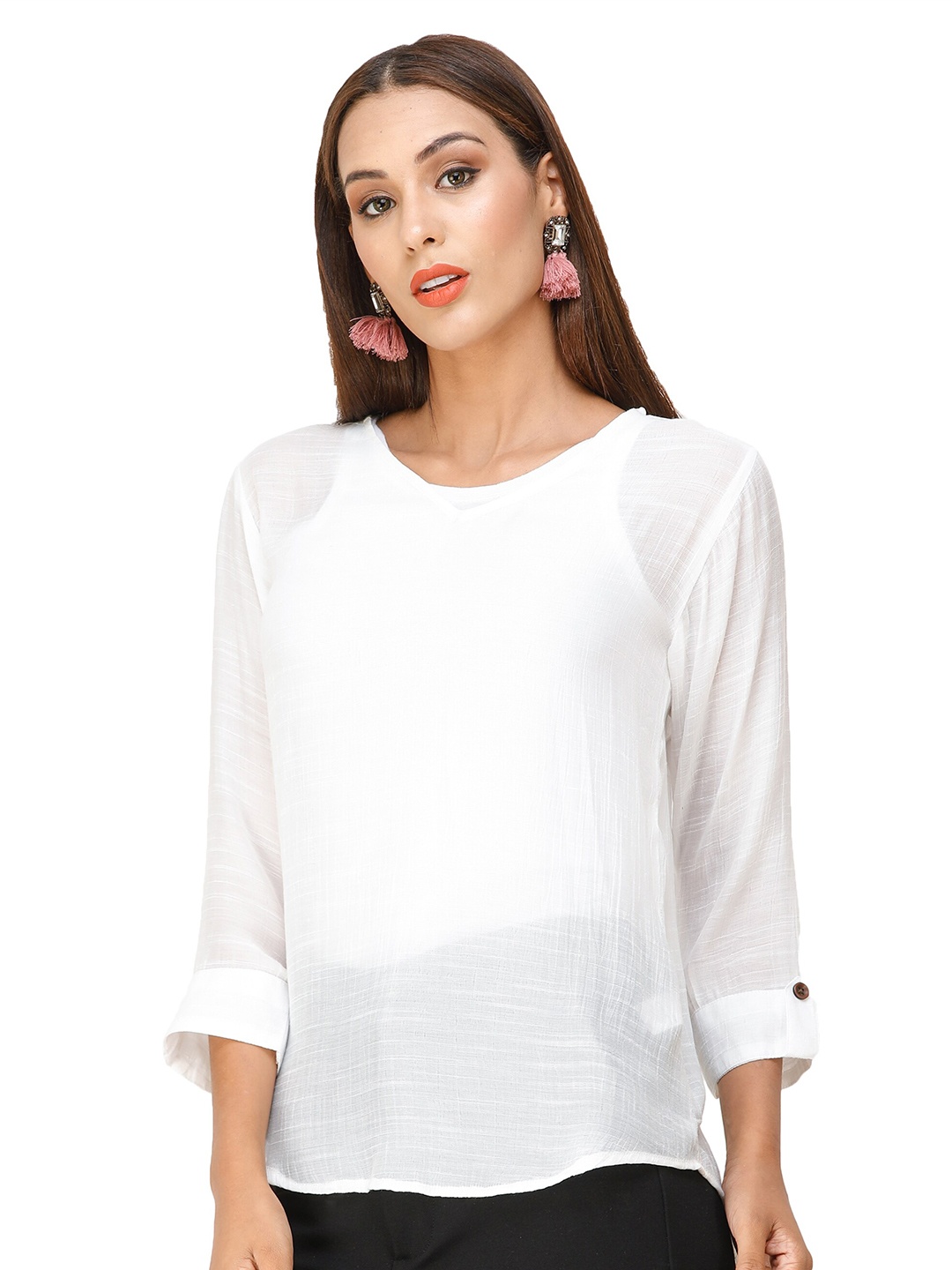 

DECHEN Women White Solid Roll-Up Sleeves Top