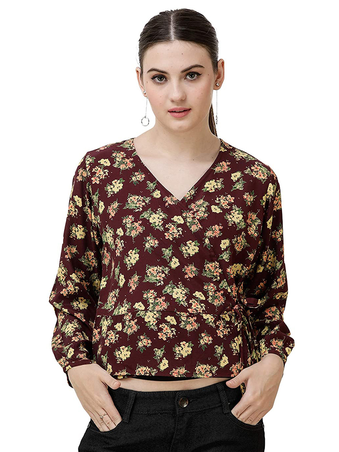 

DECHEN Women Maroon & Yellow Floral Print V-Neck Wrap Crop Top