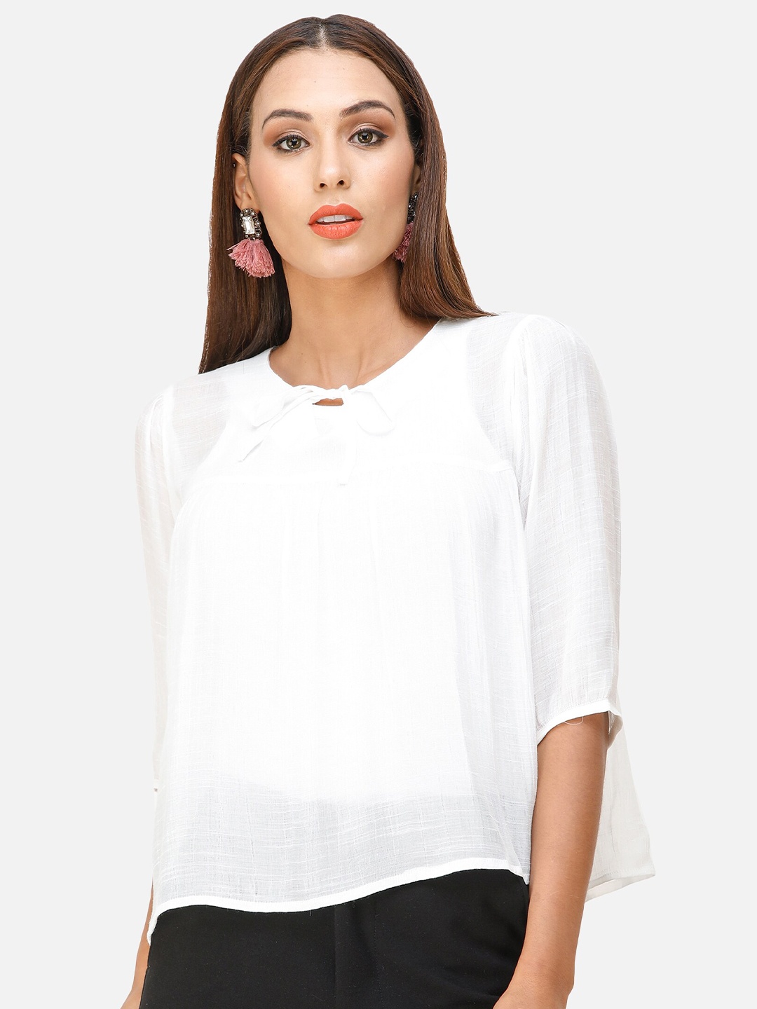 

DECHEN Women White Tie-Up Neck Top