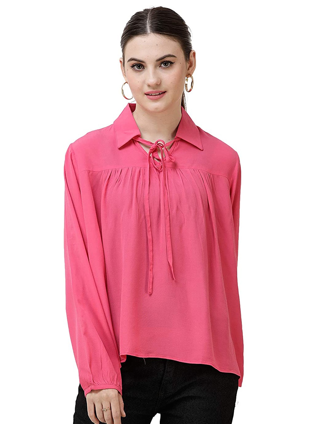 

DECHEN Women Pink Solid Shirt Collar Top
