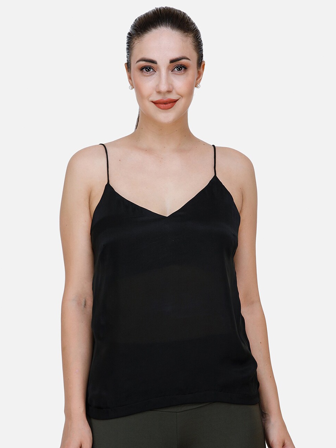 

DECHEN Women Black Solid Shoulder Straps Satin Top