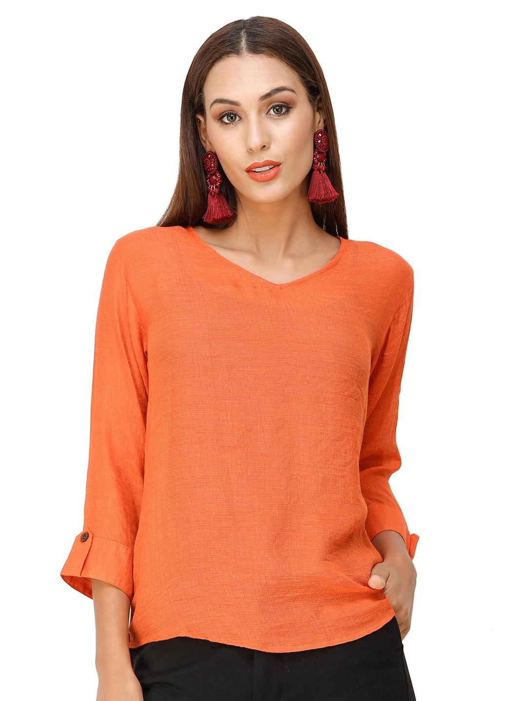 

DECHEN Women Orange Solid Roll-Up Sleeves Top
