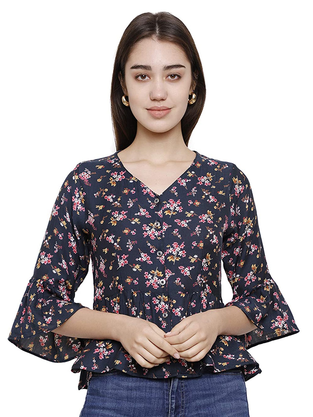 

DECHEN Women Navy Blue Floral Print Bell Sleeves Top