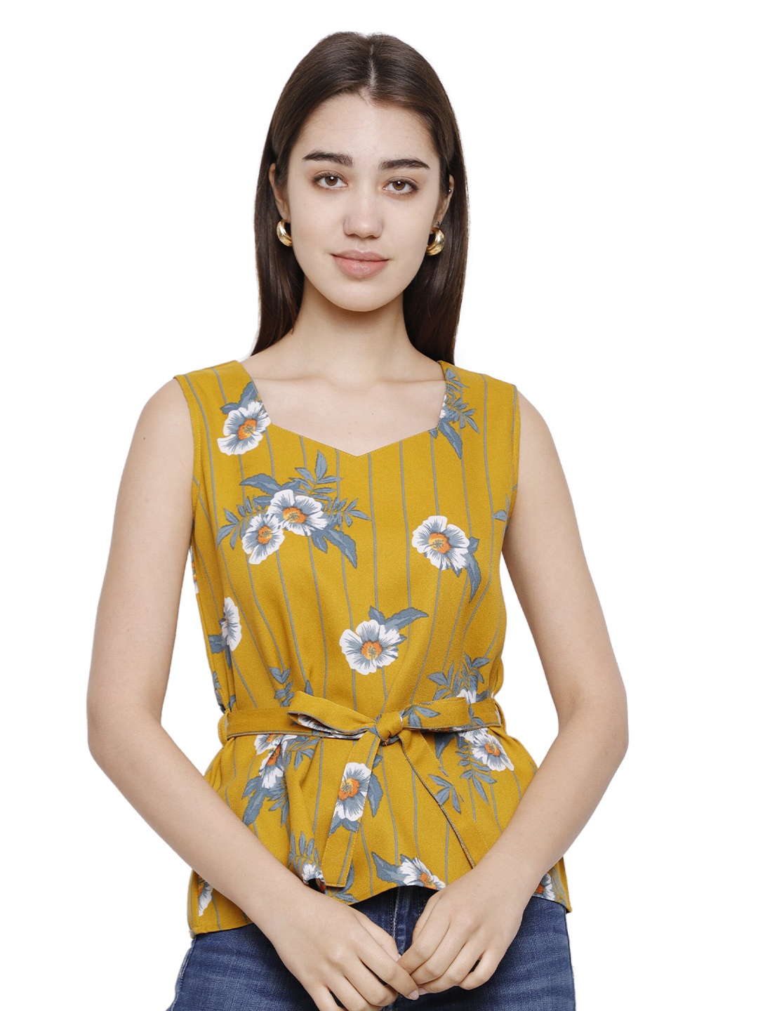 

DECHEN Women Mustard Yellow Floral Print Sweetheart Neck Cinched Waist Top