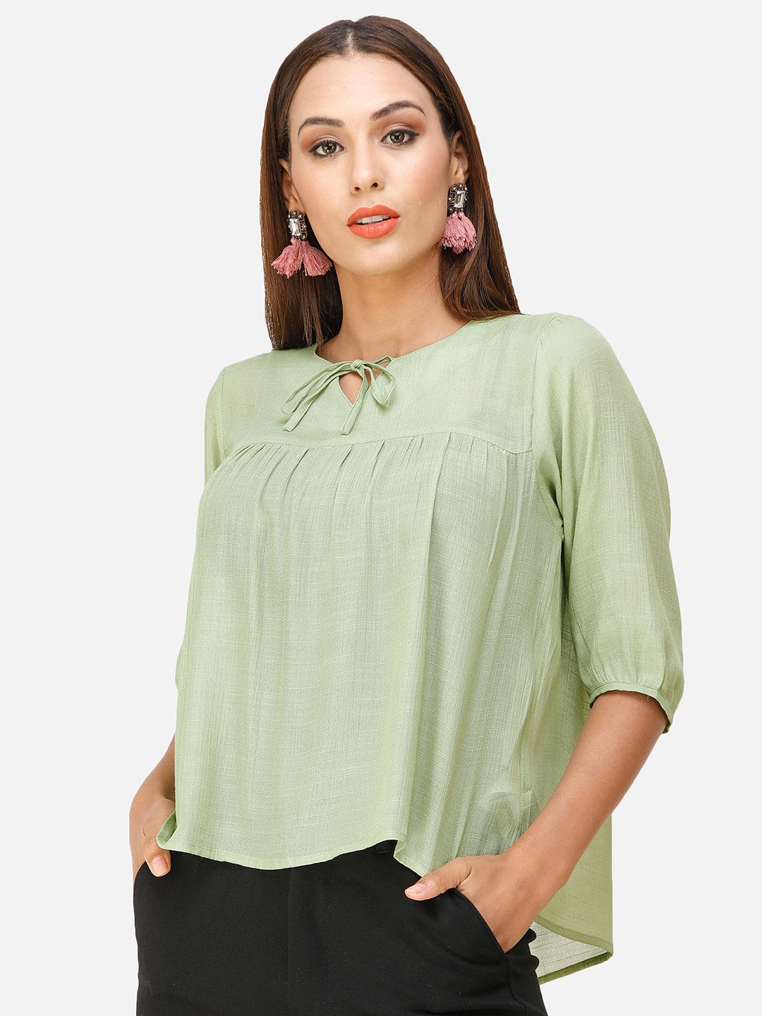 

DECHEN Women Green Solid Tie-Up Neck Top