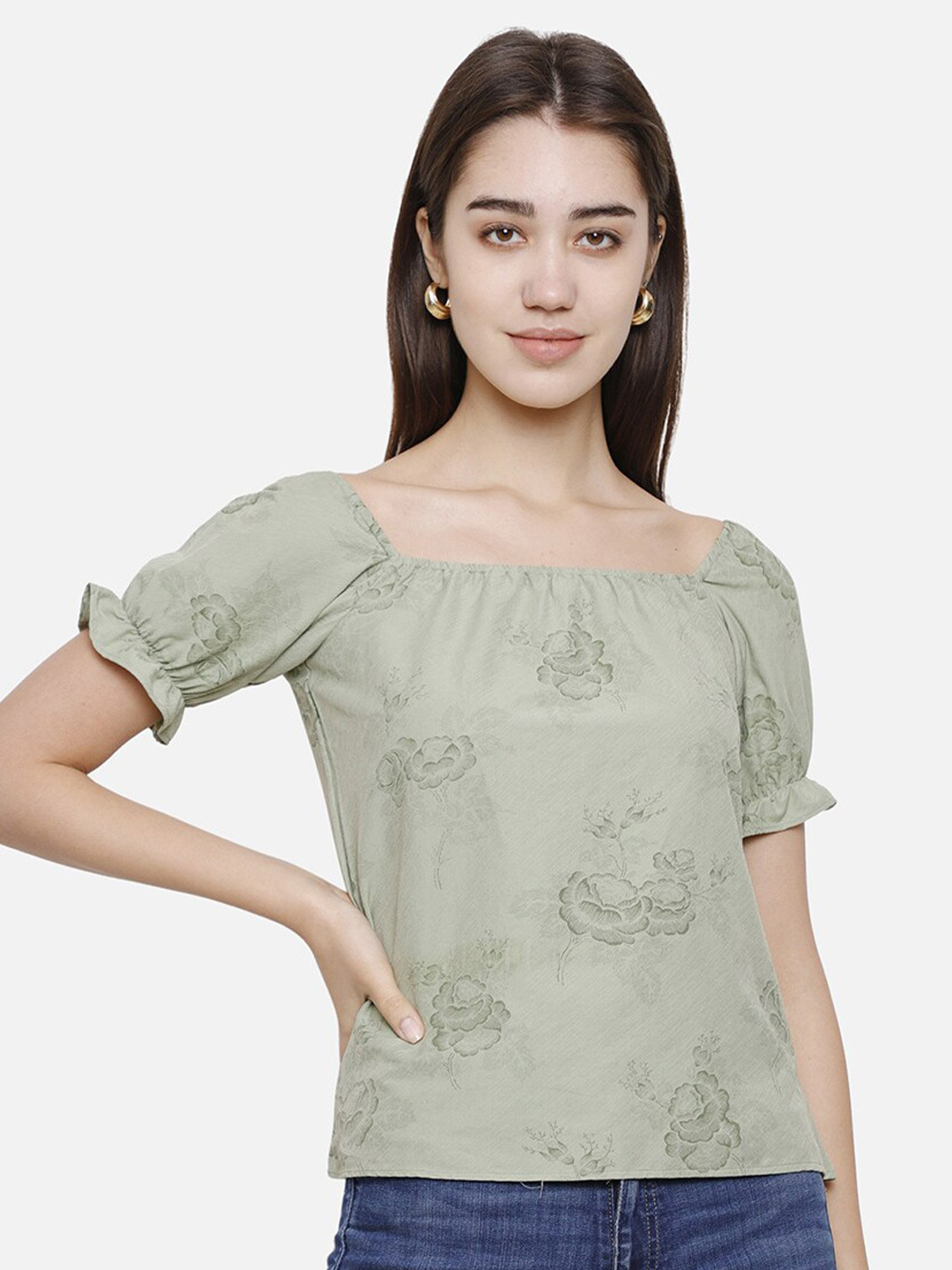 

DECHEN Women Green Floral Printed Bardot Top