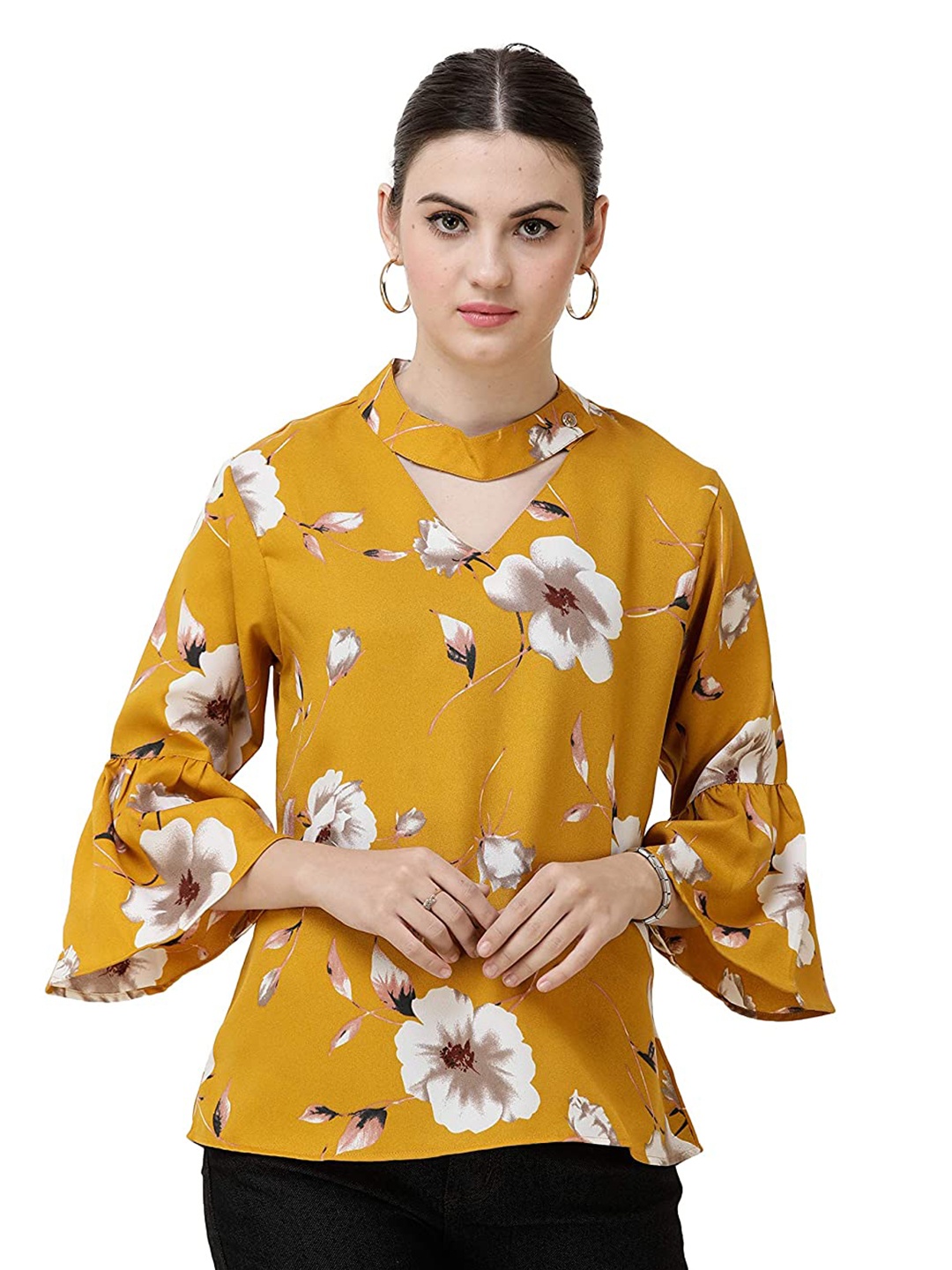 

DECHEN Women Mustard Yellow & White Floral Print Choker Neck Top