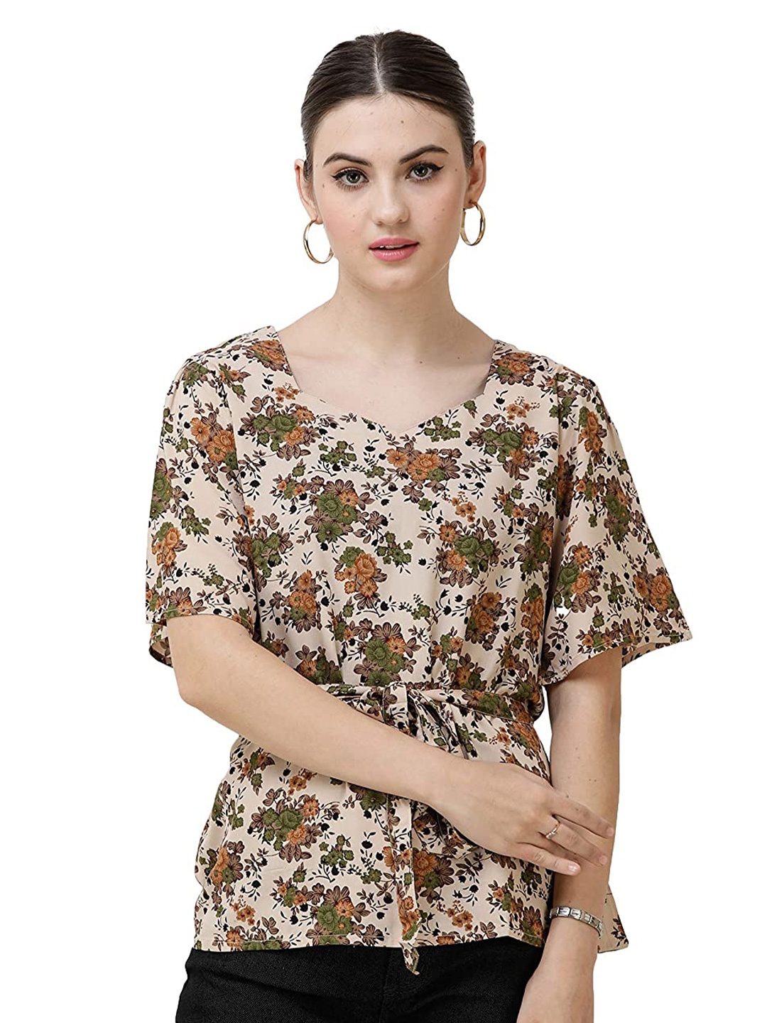 

DECHEN Women Green Floral Printed Regular Sleeves Top, Beige