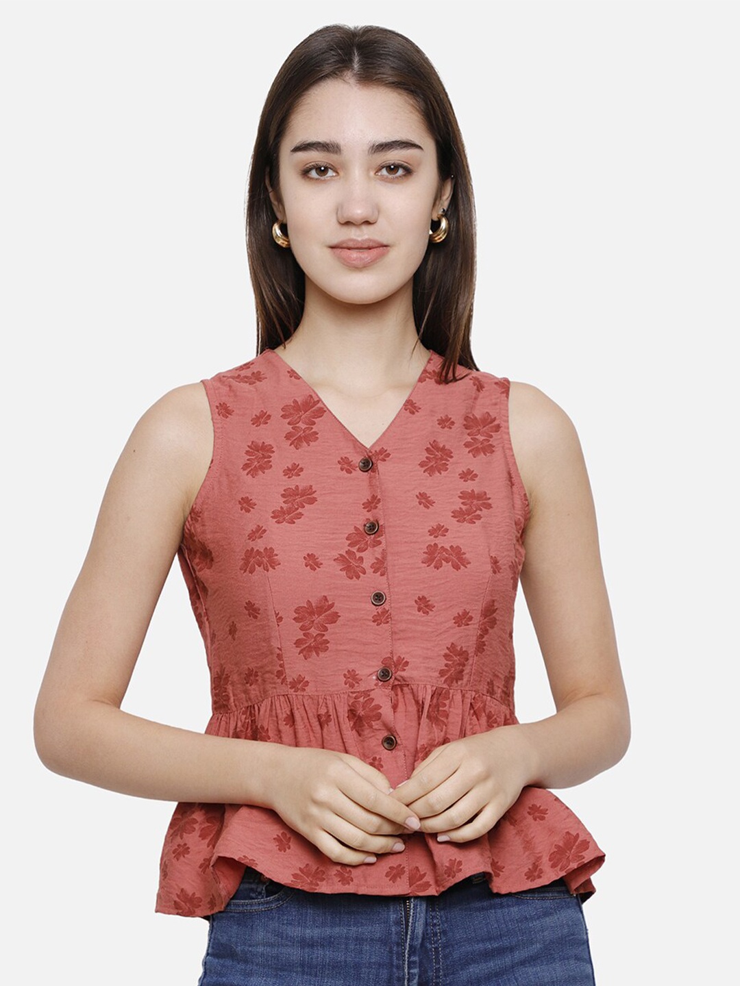 

DECHEN Women Pink Floral Print Peplum Top