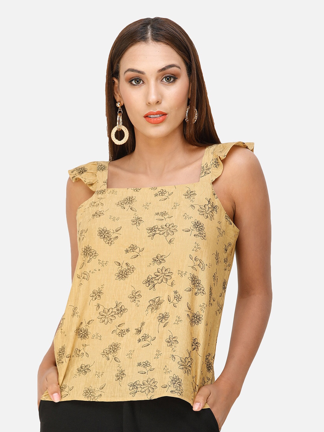 

DECHEN Women Yellow Floral Print Shoulder Straps Top