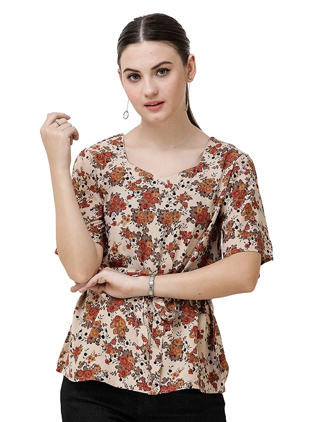 

DECHEN Women Beige & Brown Floral Print Sweetheart Neck Blouson Top