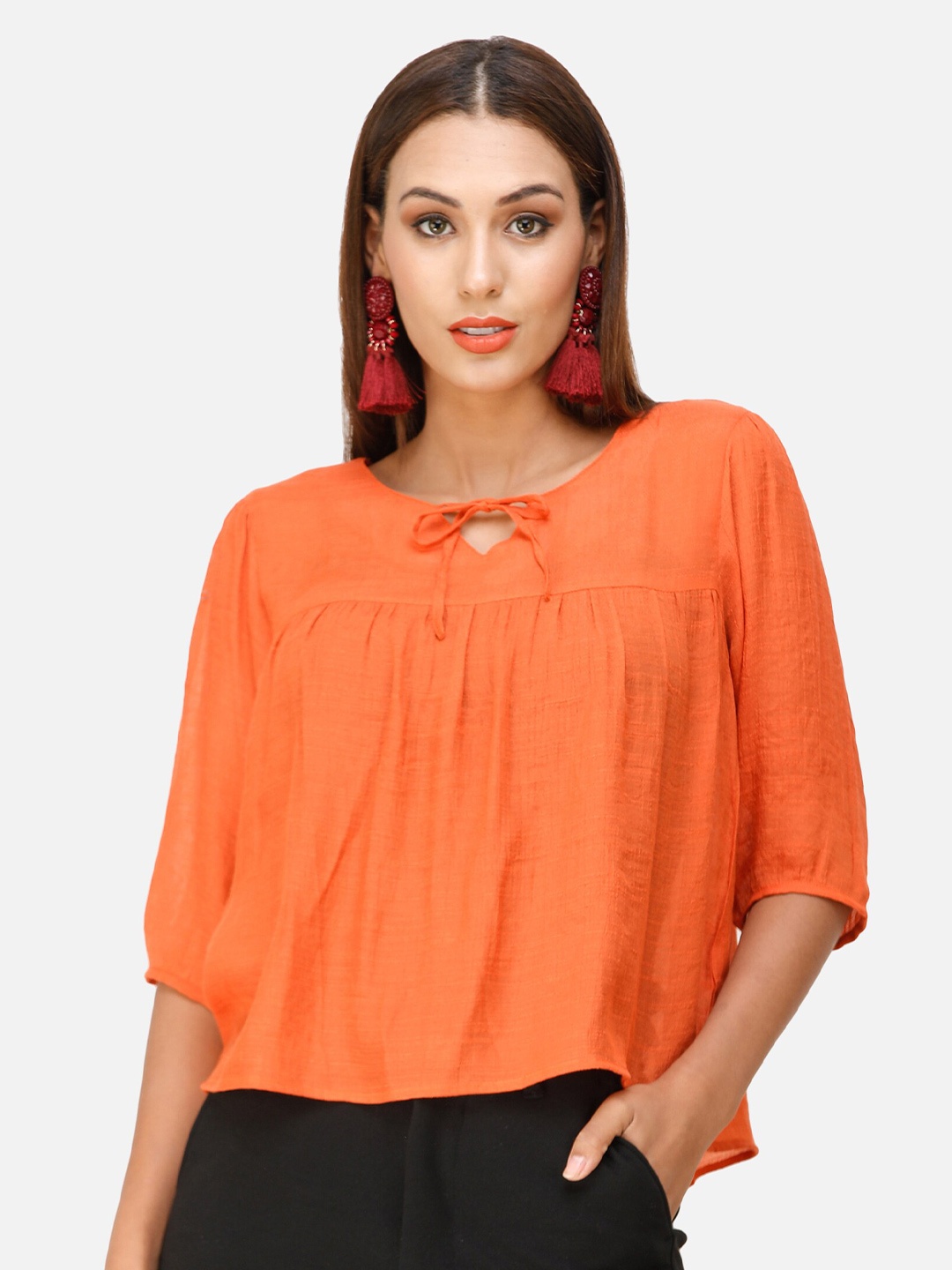 

DECHEN Women Orange Solid Tie-Up Neck Top