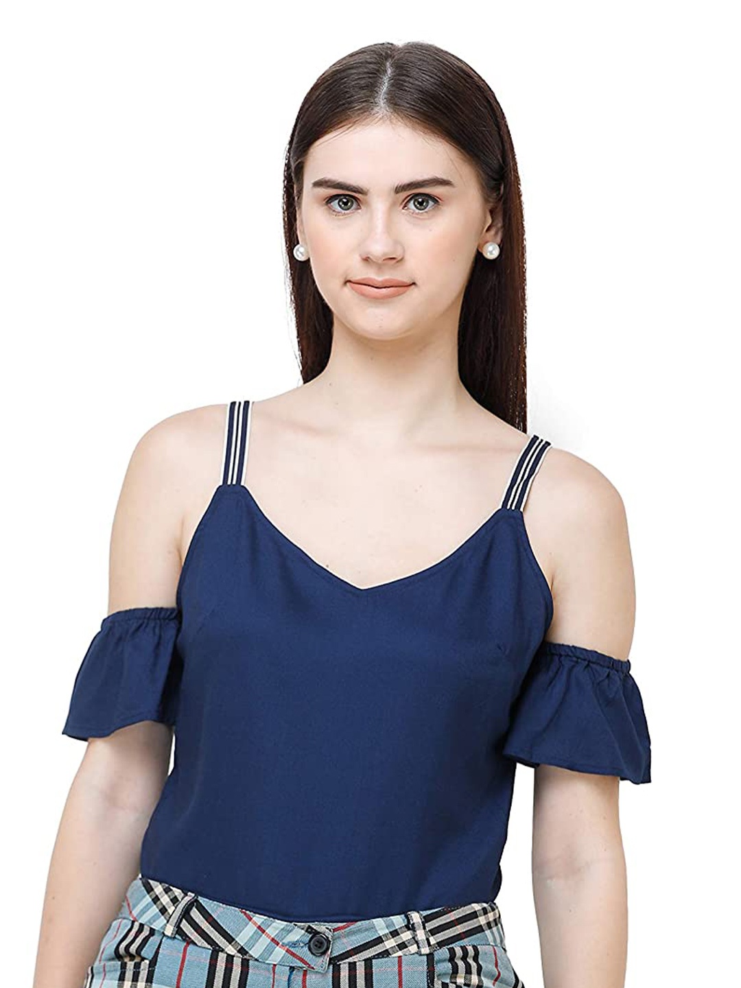 

DECHEN Women Navy Blue Solid Cold-Shoulder Sleeves Top