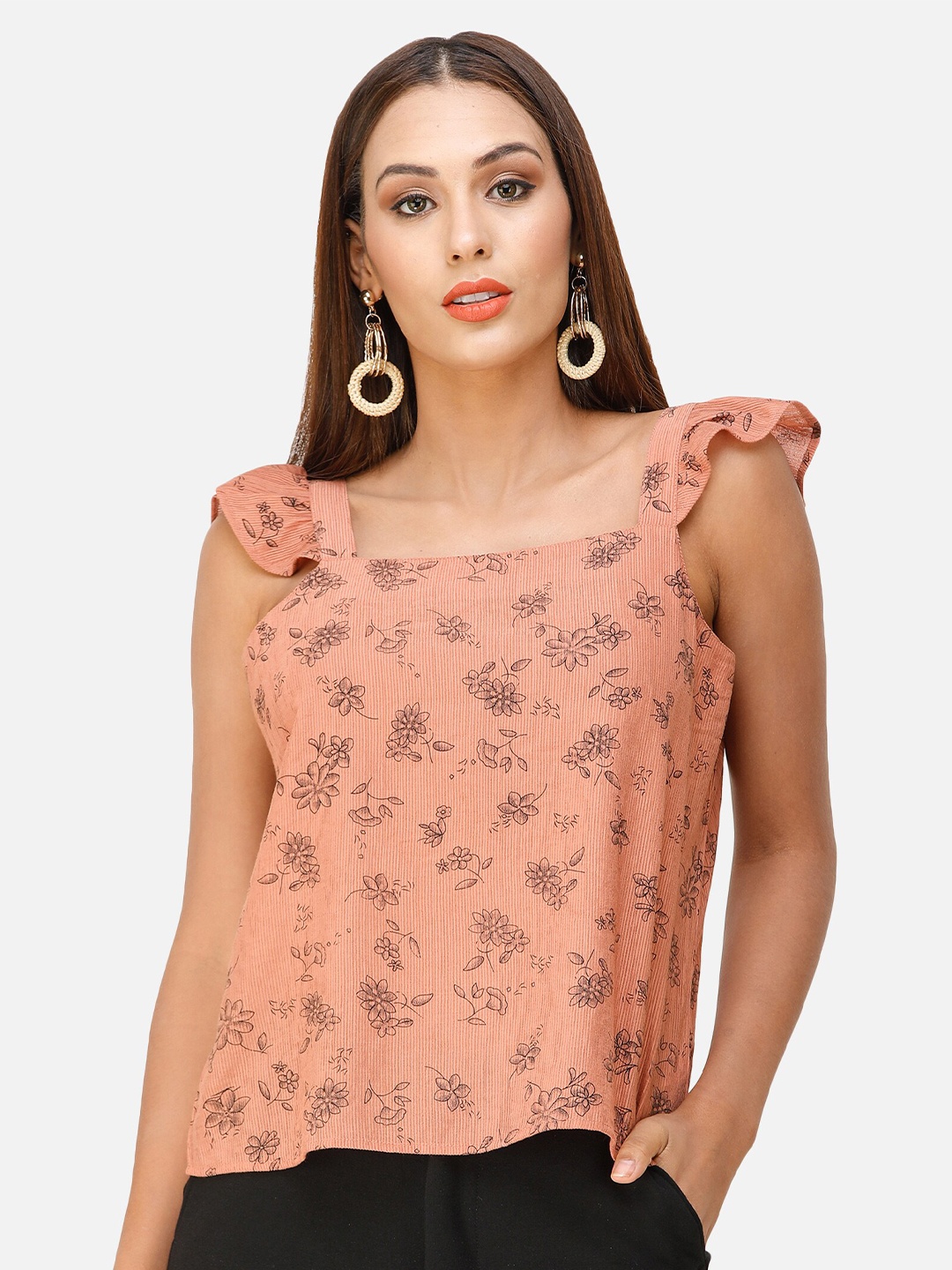 

DECHEN Women Orange Floral Print Sleeveless Top