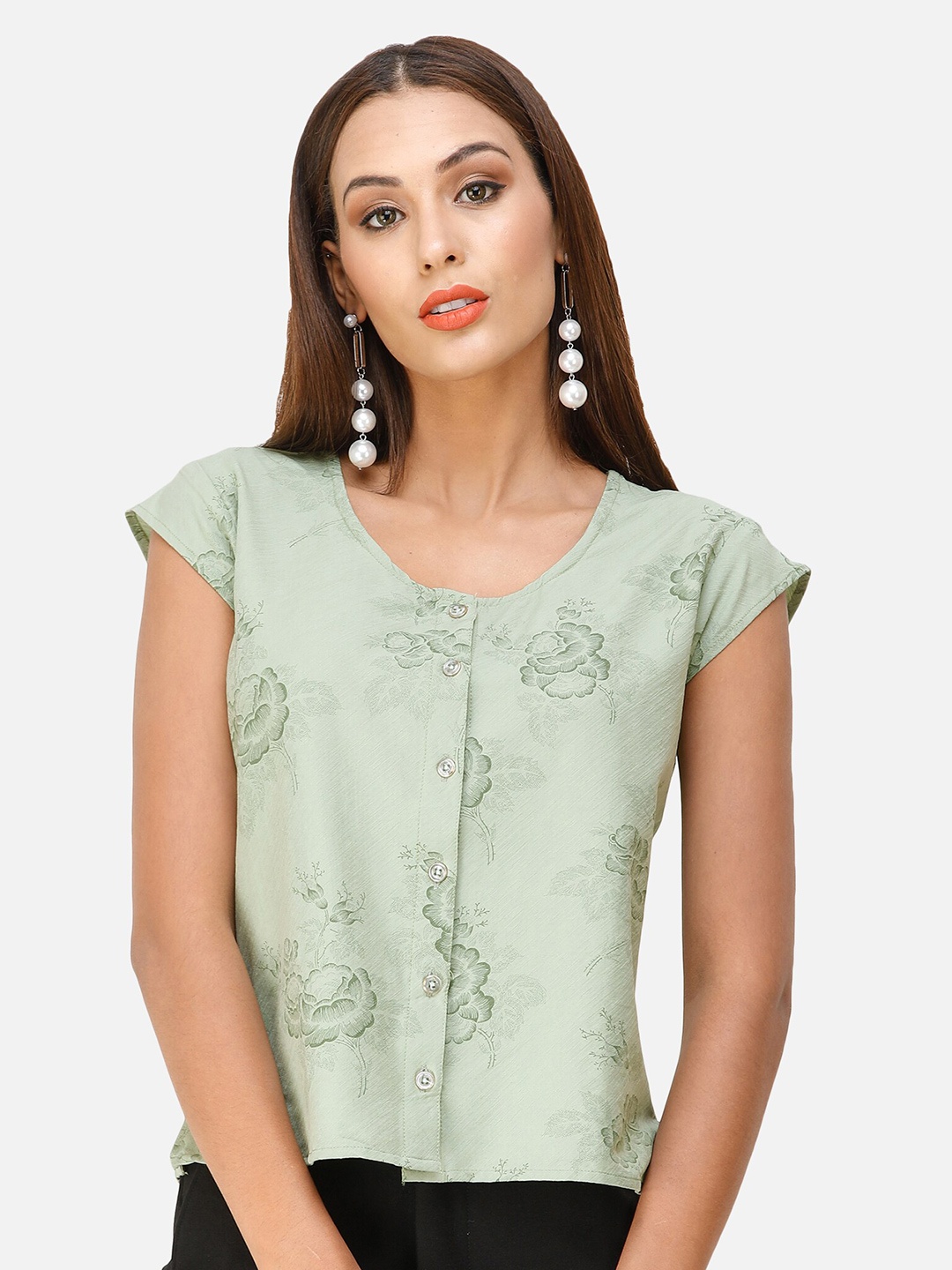 

DECHEN Women Green Floral Print Cap Sleeves Top
