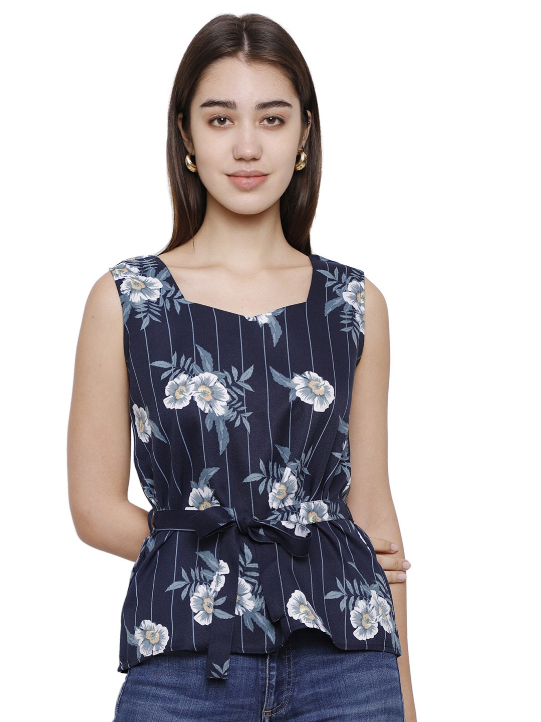 

DECHEN Women Navy Blue Floral Print Cinched Waist Top