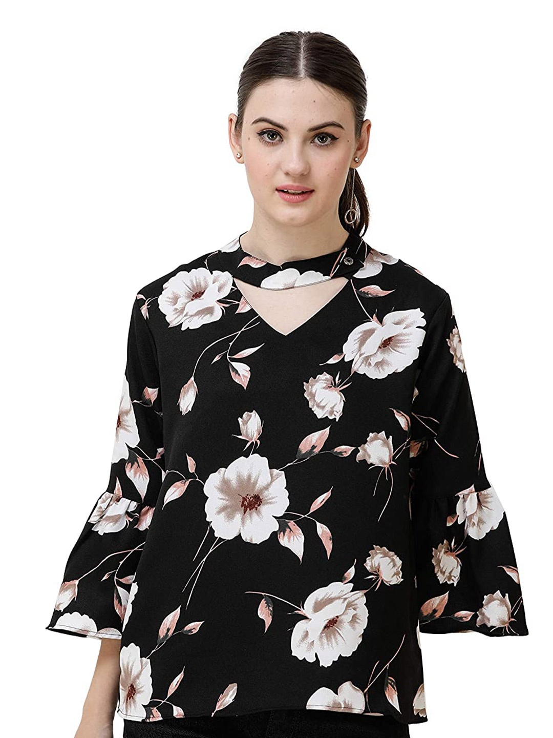 

DECHEN Women Black & White Floral Print Keyhole Neck Top