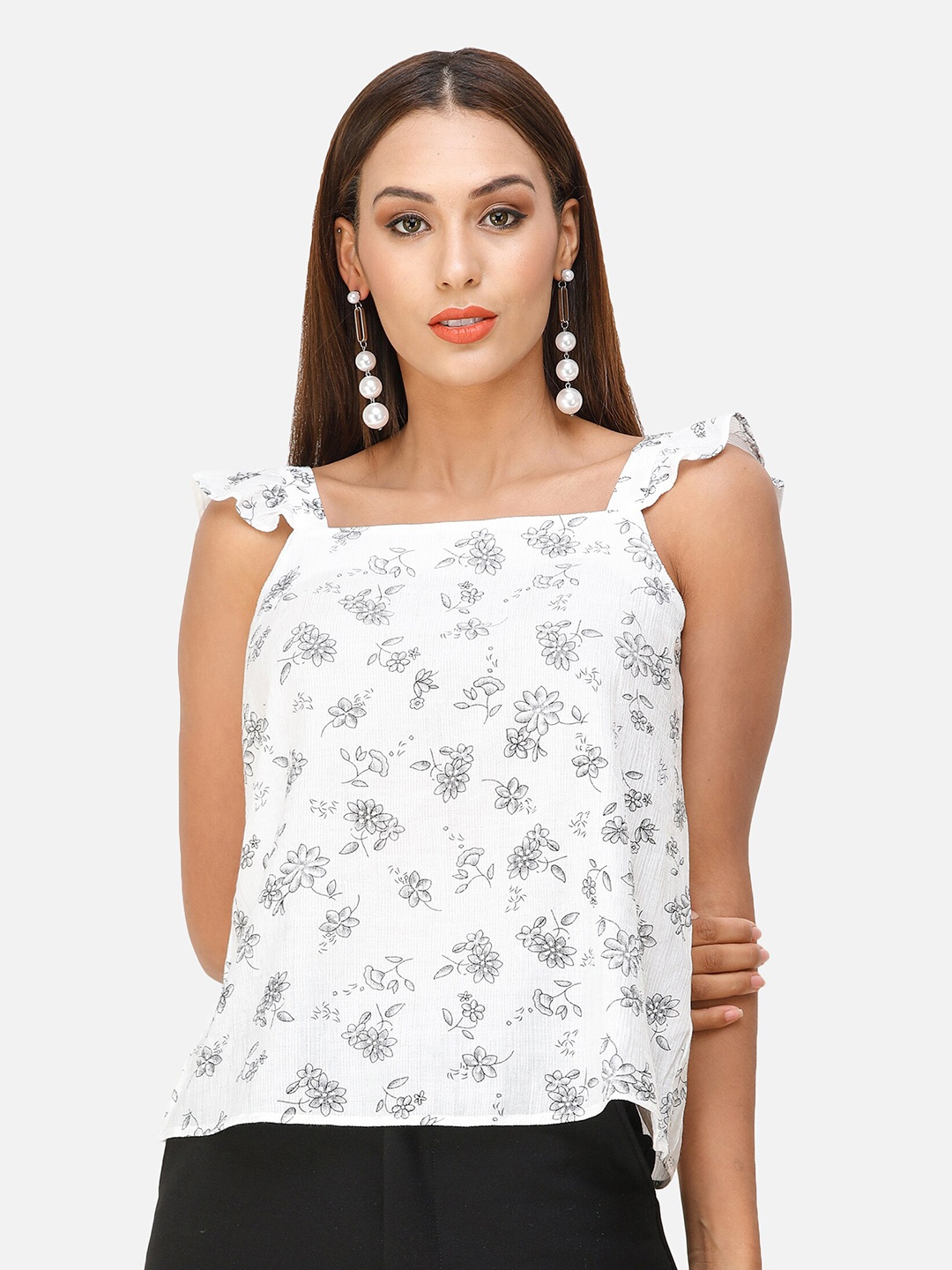 

DECHEN Women White Floral Print Shoulder Straps Top