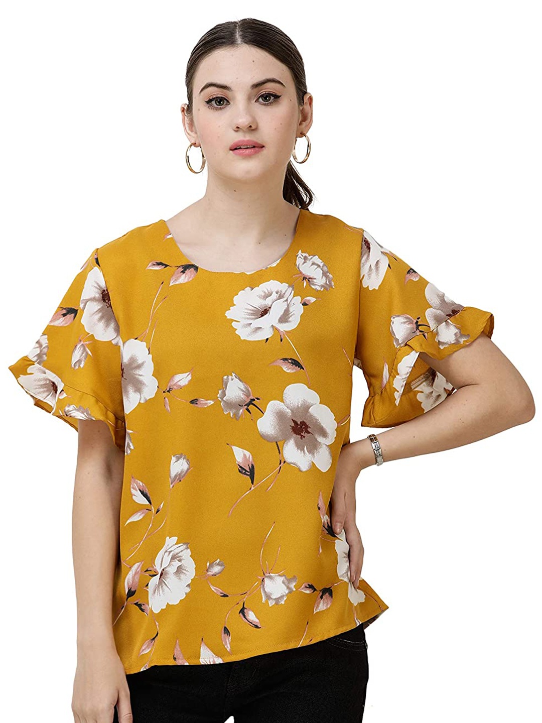 

DECHEN Women Mustard Yellow & White Floral Printed Top