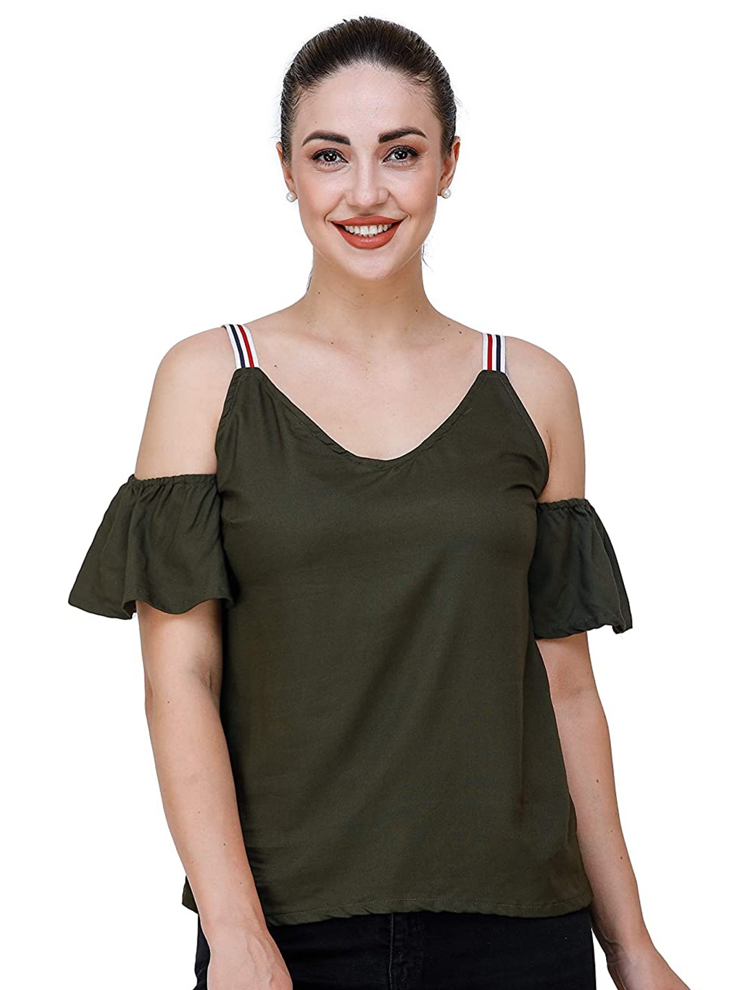 

DECHEN Women Olive Green Solid Cold-Shoulder Sleeves Top