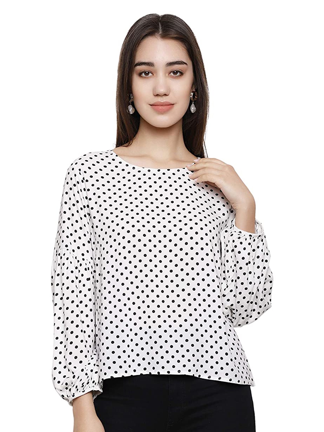 

DECHEN Women White Polka Dots Printed Top