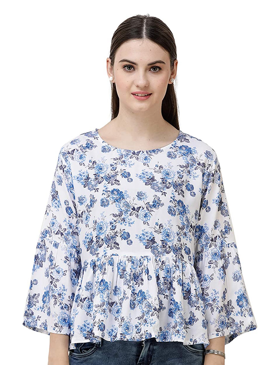 

DECHEN Women Blue & White Floral Printed Peplum Top
