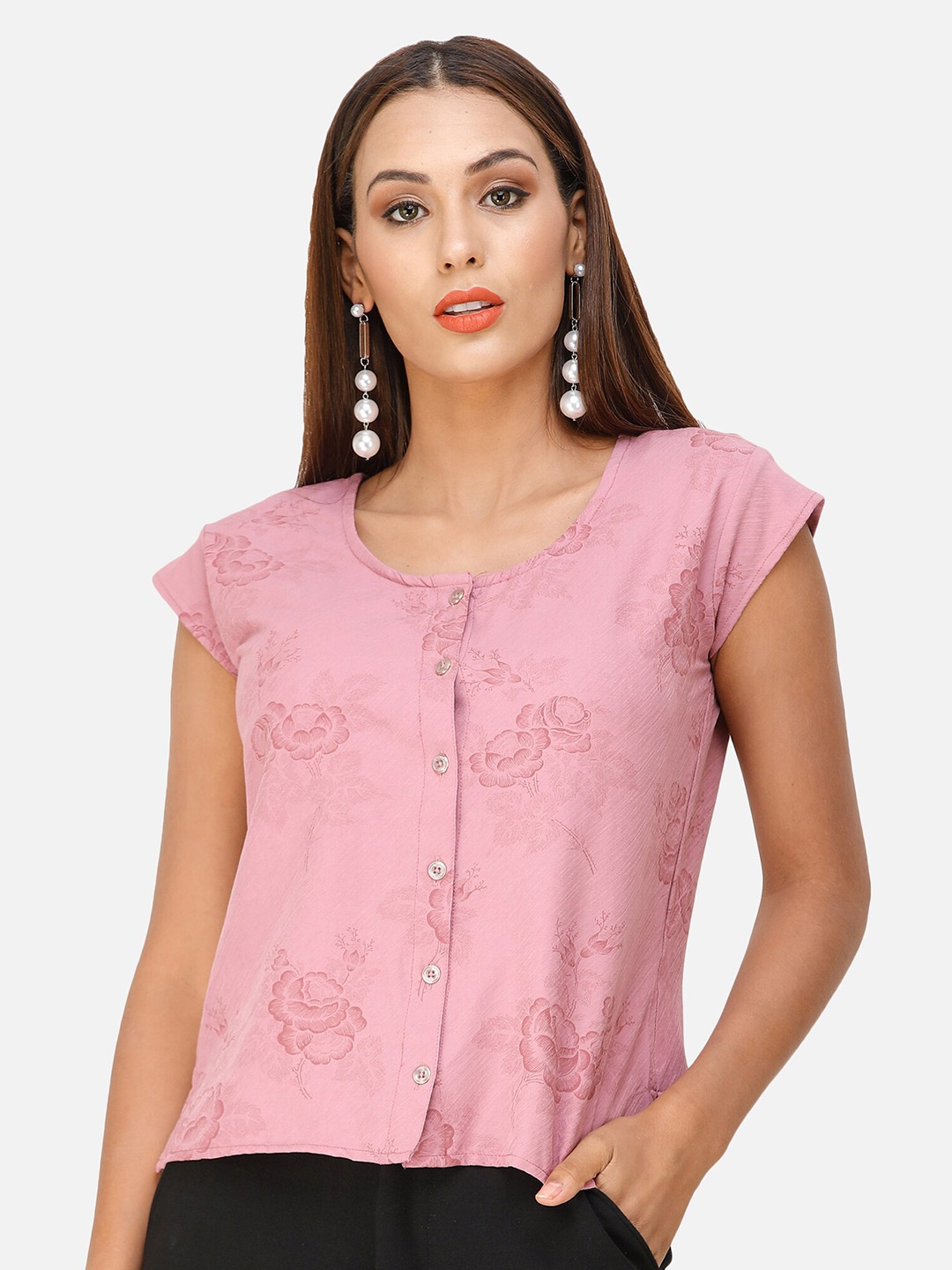 

DECHEN Women Lavender Floral Printed Cap Sleeves Top