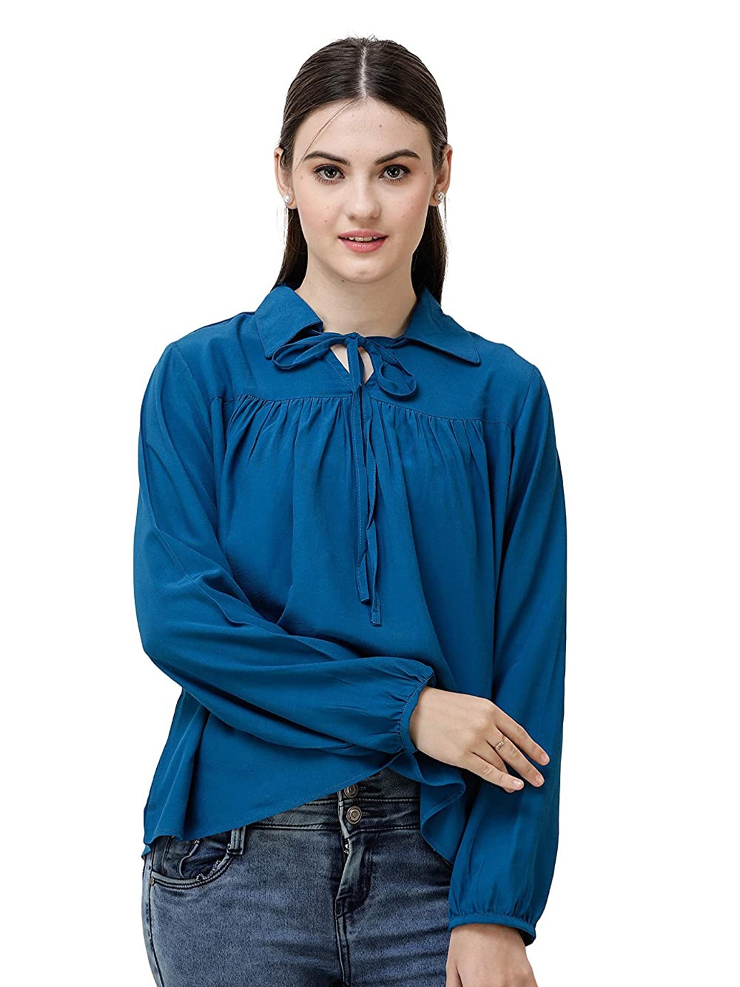 

DECHEN Women Blue Solid Tie-Up Neck Long Sleeves Top