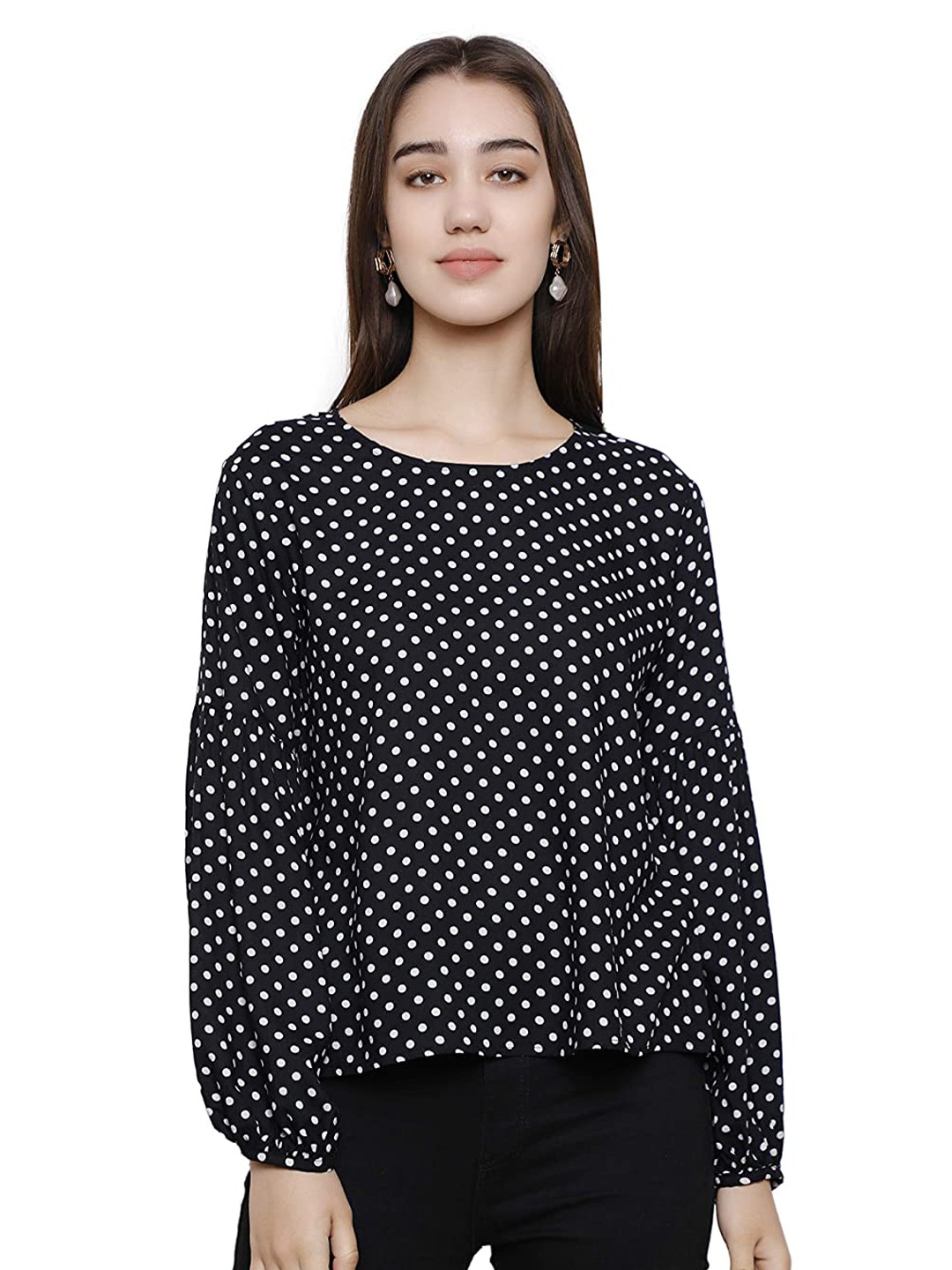 

DECHEN Women Black Polka Dots Printed Puff Sleeves Top