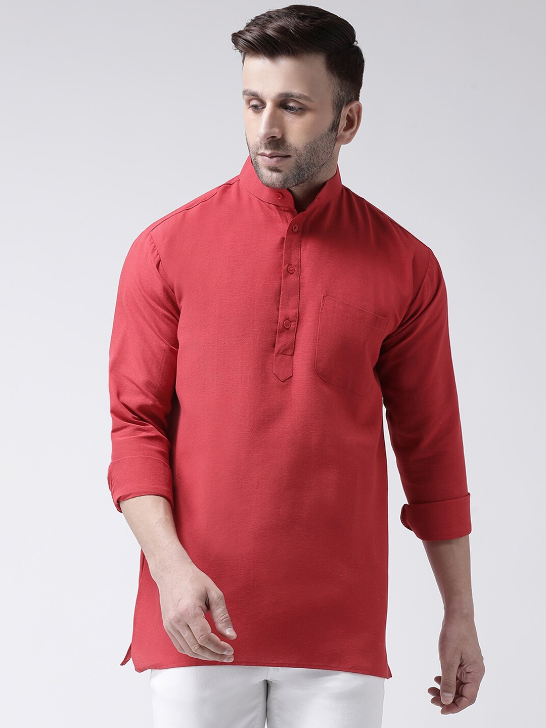 

RIAG Men Red Solid Mandarin Collar Long Sleeves Cotton Short Kurta