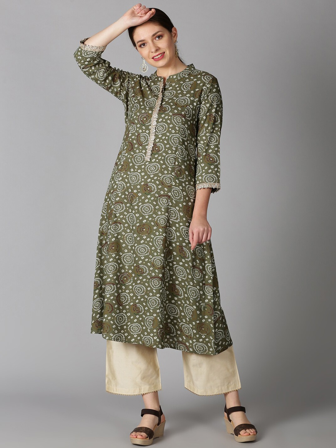 

Saffron Threads Women Green Bandhani Printed Kurta with Gota Lace Details