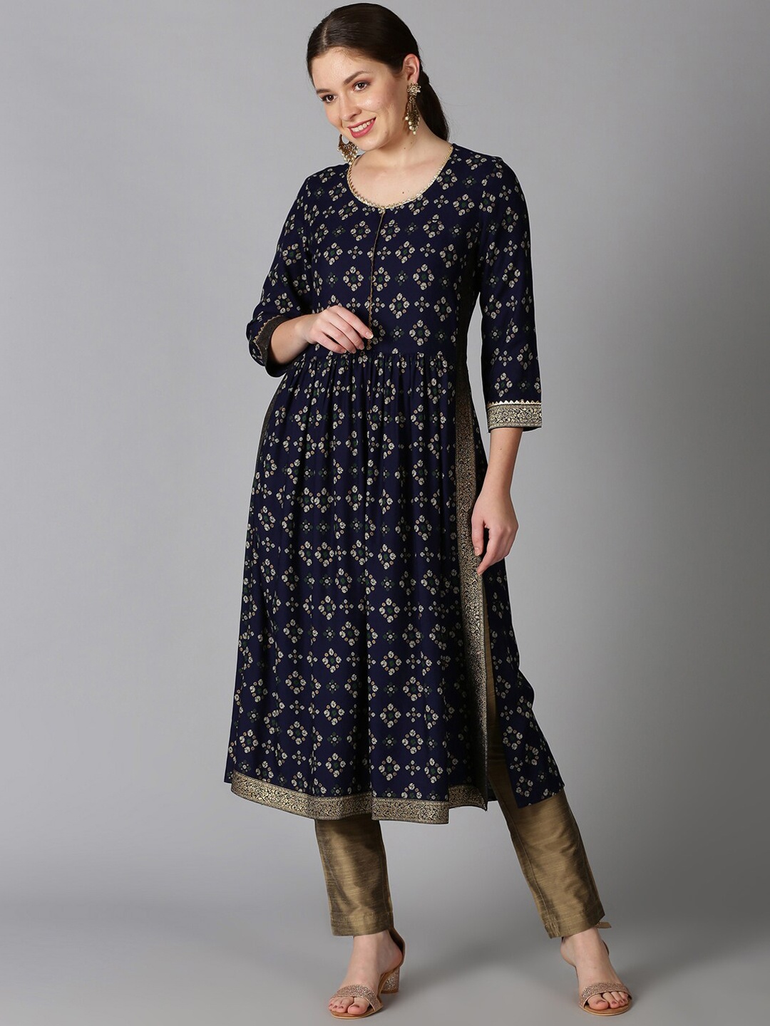 

Saffron Threads Women Navy Blue Bandhani Printed Kurta with Lace