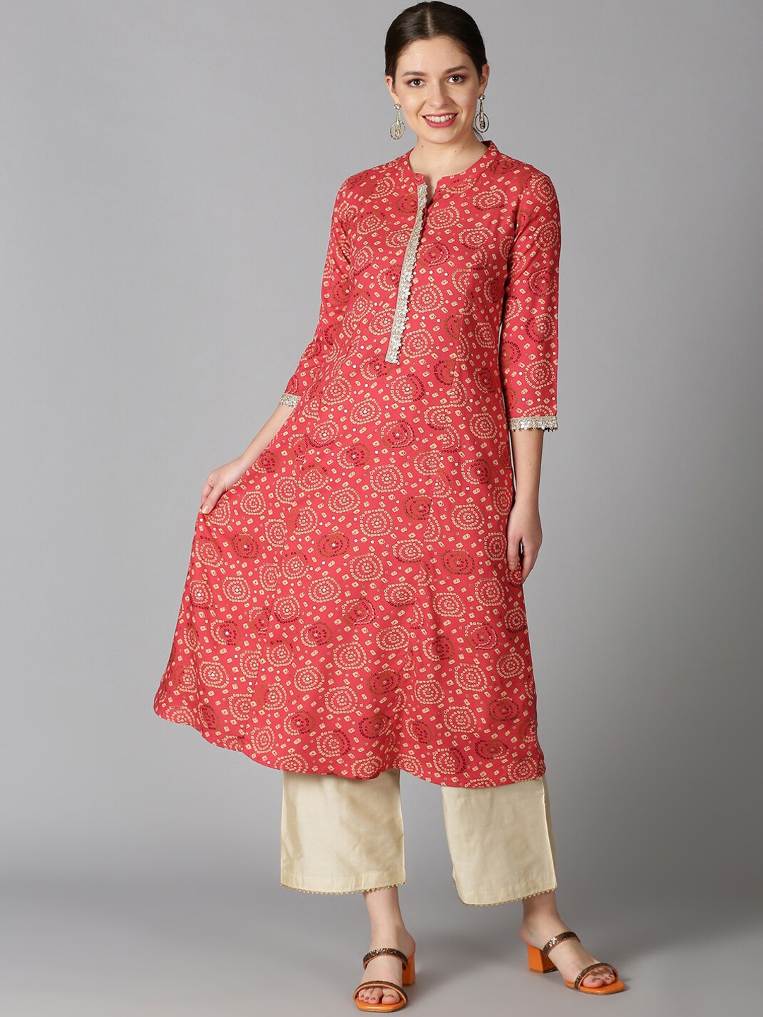 

Saffron Threads Women Coral & Beige Bandhani Printed Rayon A-Line Kurta