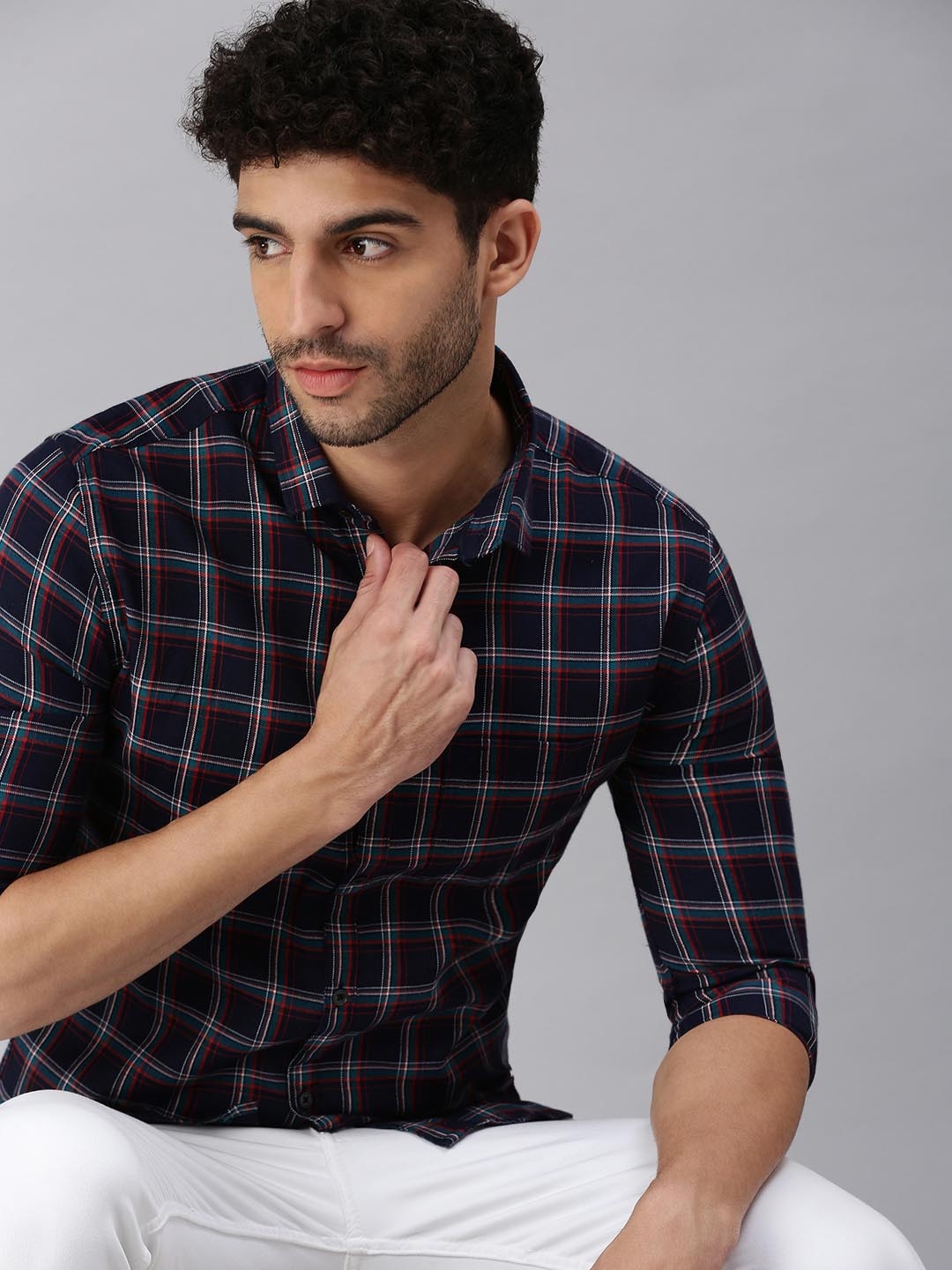 

SHOWOFF Men Navy Blue Comfort Tartan Checks Checked Casual Shirt
