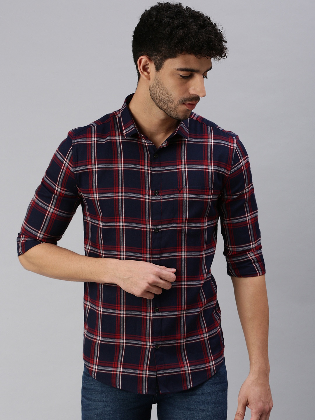 

SHOWOFF Men Navy Blue Comfort Tartan Checks Checked Casual Shirt