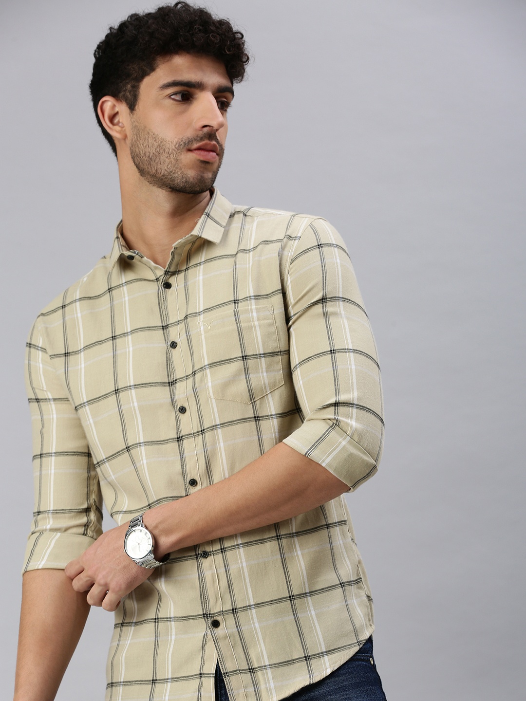 

SHOWOFF Men Comfort Windowpane Checked Casual Shirt, Beige