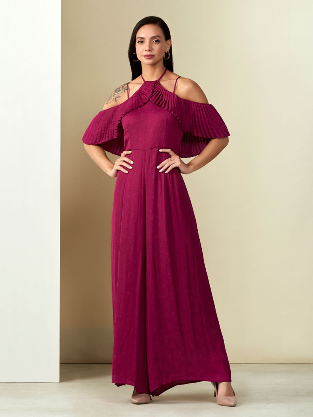 

Style Island Burgundy Halter Neck Basic Jumpsuit with Ruffles
