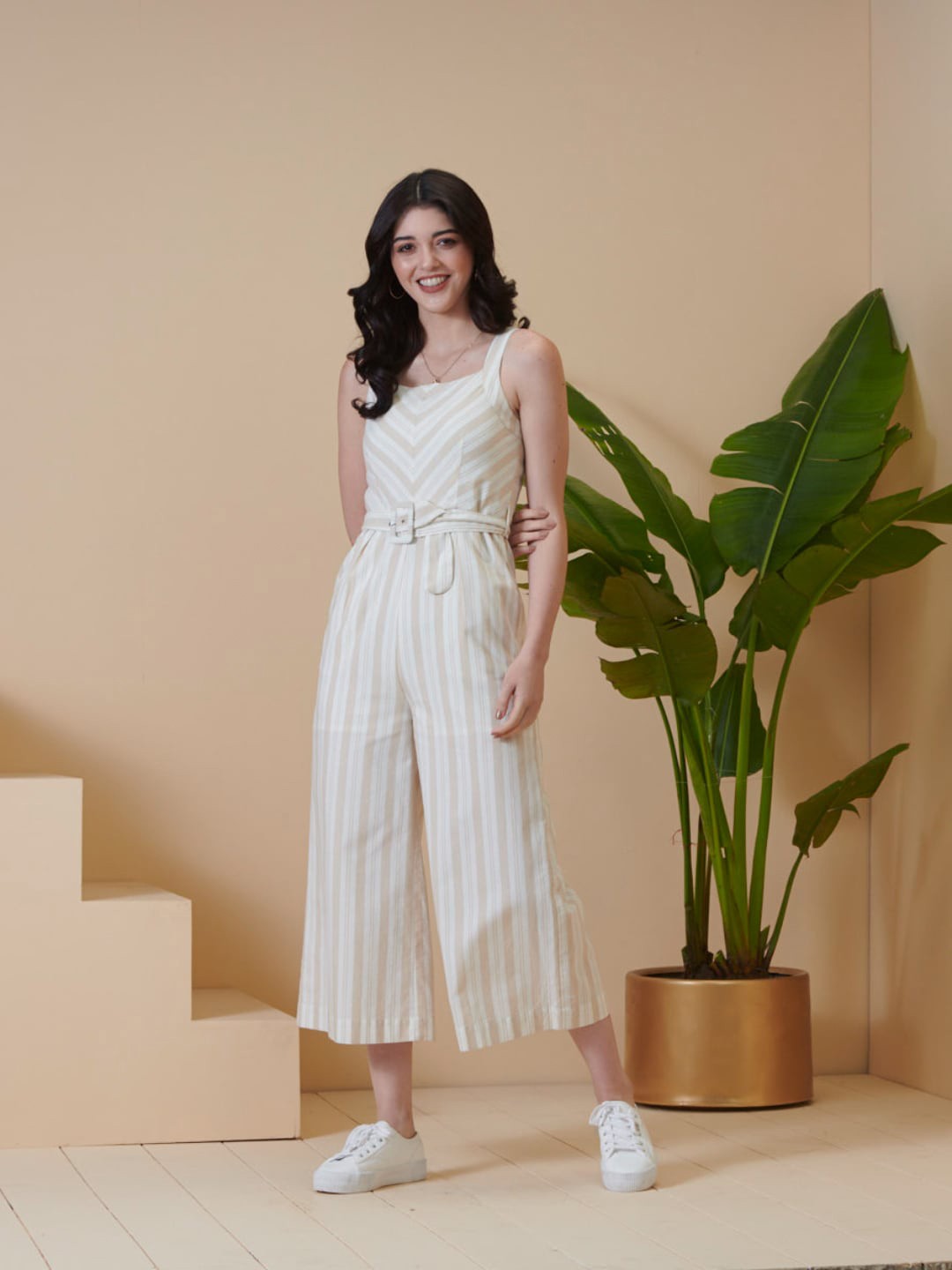 

Style Island Women White & Beige Striped Cotton Basic Jumpsuit