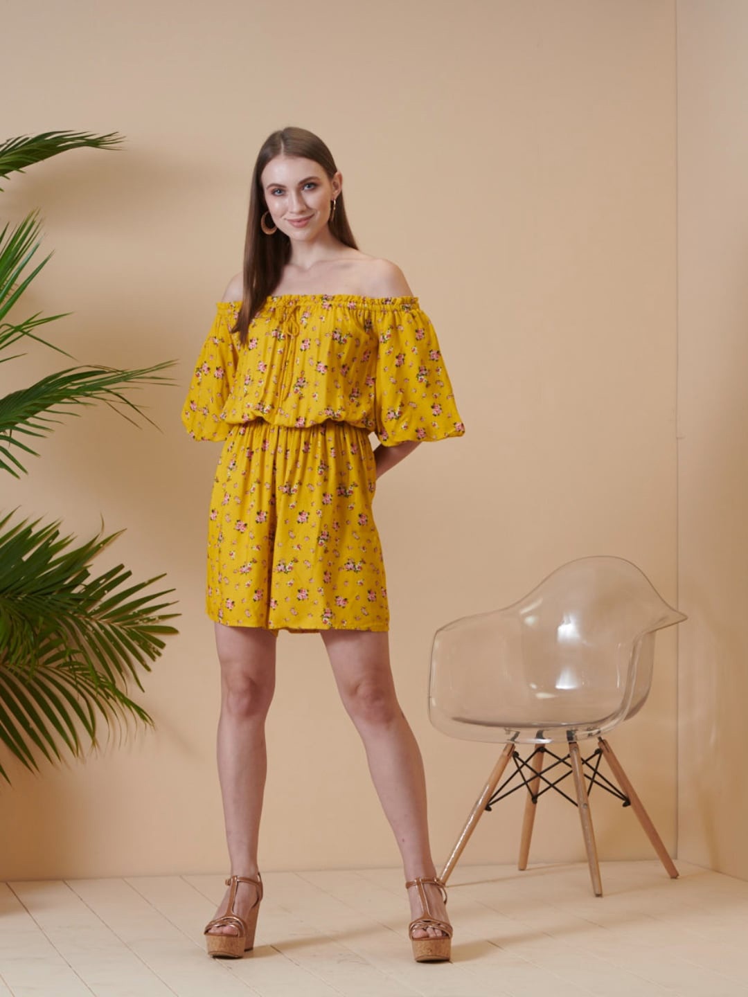 

Style Island Women Yellow & Pink Printed Off-Shoulder Playsuit