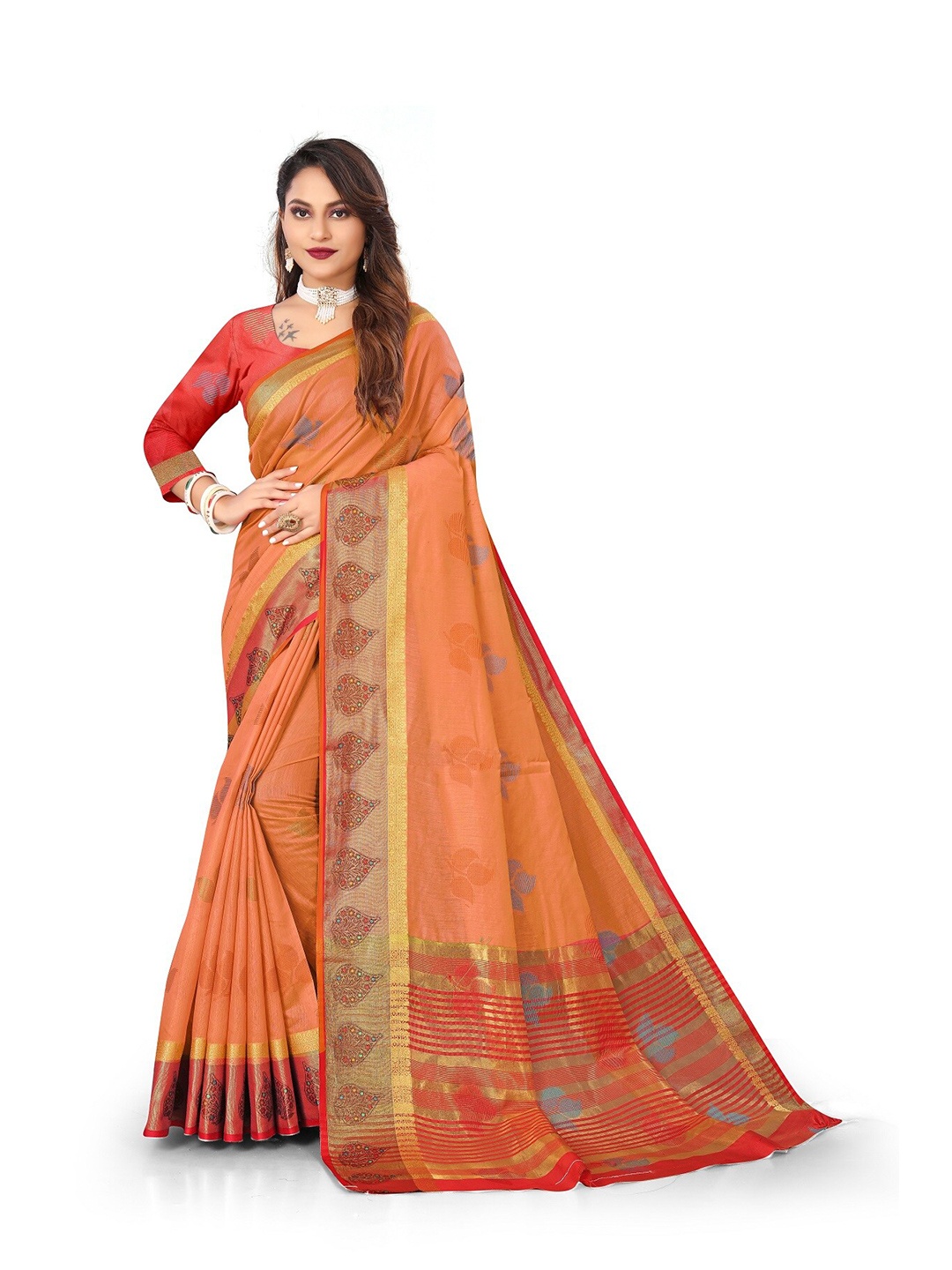 

Rivana Orange & Red Woven Design Zari Pure Cotton Banarasi Saree
