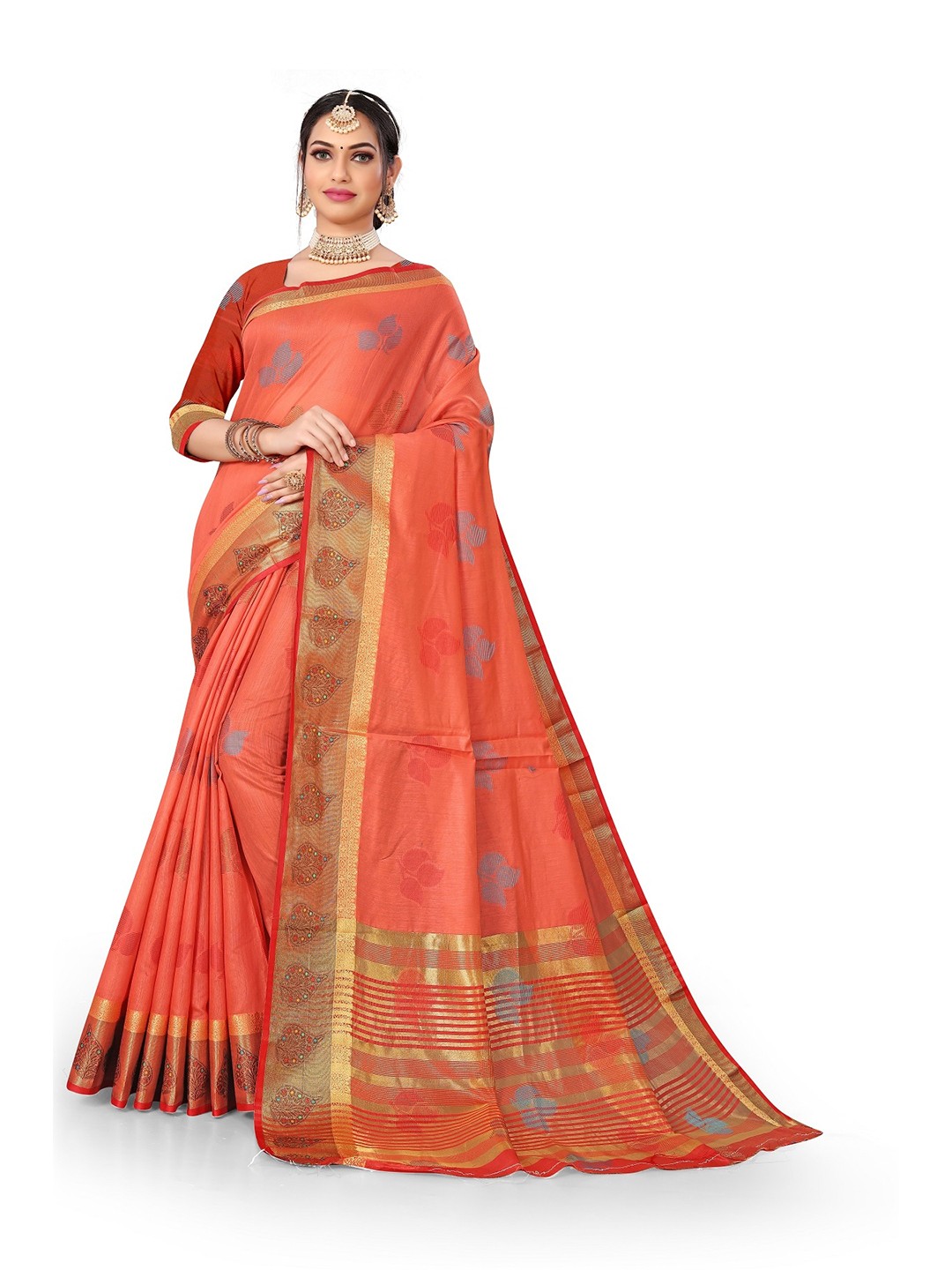 

Rivana Peach-Coloured & Gold-Toned Woven Design Zari Pure Cotton Banarasi Saree