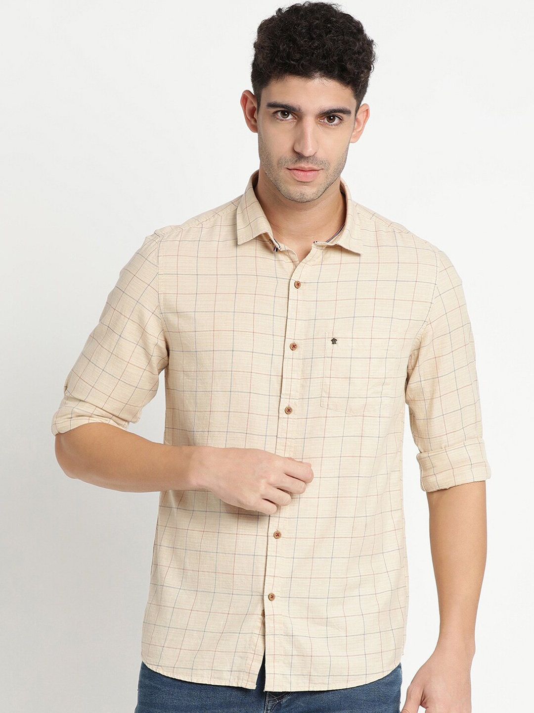 

Turtle Men Beige Slim Fit Windowpane Checks Checked Cotton Casual Shirt