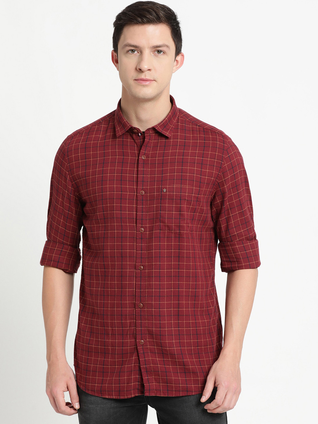 

Turtle Men Maroon Slim Fit Tartan Checks Checked Cotton Casual Shirt