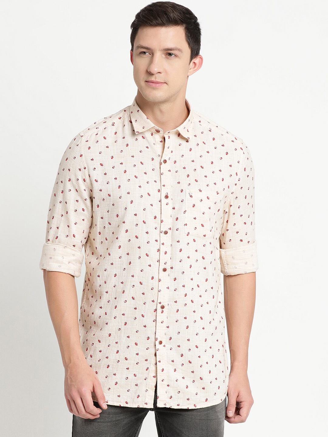 

Turtle Men Cream-Coloured Slim Fit Printed Cotton Casual Shirt