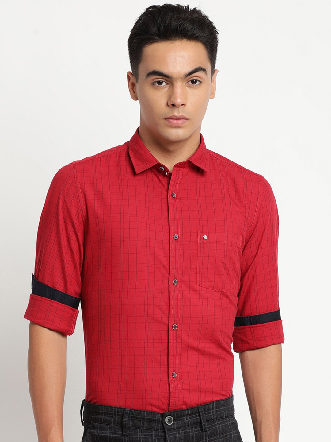 

Turtle Men Red Slim Fit Grid Tattersall Checks Checked Casual Shirt