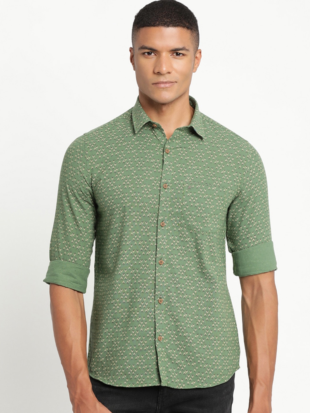 

Turtle Men Green Slim Fit Printed Organic Cotton Casual Shirt