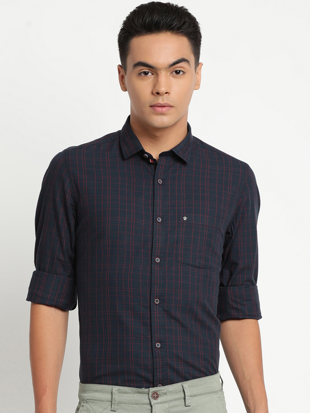 

Turtle Men Navy Blue Slim Fit Grid Tattersall Checks Checked Casual Shirt