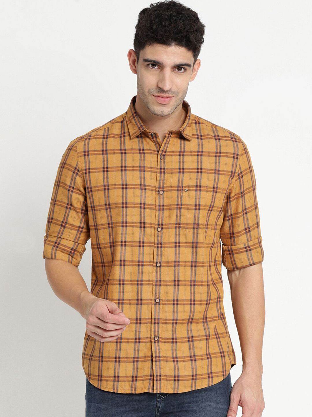 

Turtle Men Mustard Slim Fit Tartan Checks Checked Cotton Casual Shirt